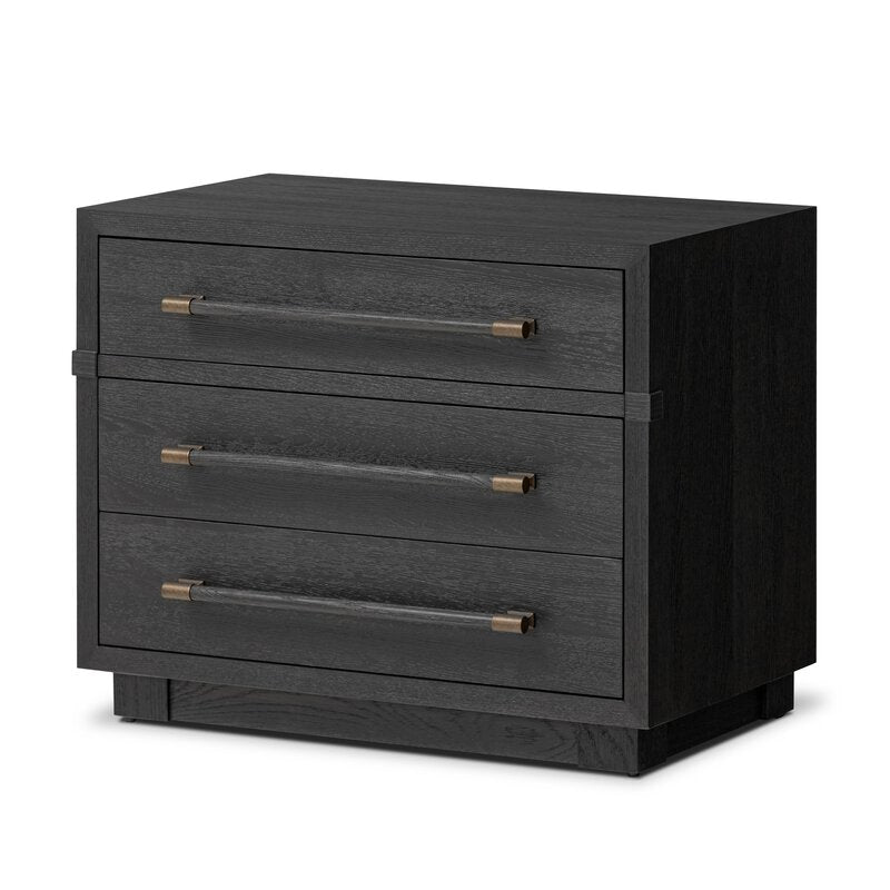 nighstand-minimalist-three-drawer-black-finish-ash-long-linear-bronzed-hardware-smooth-clean-look